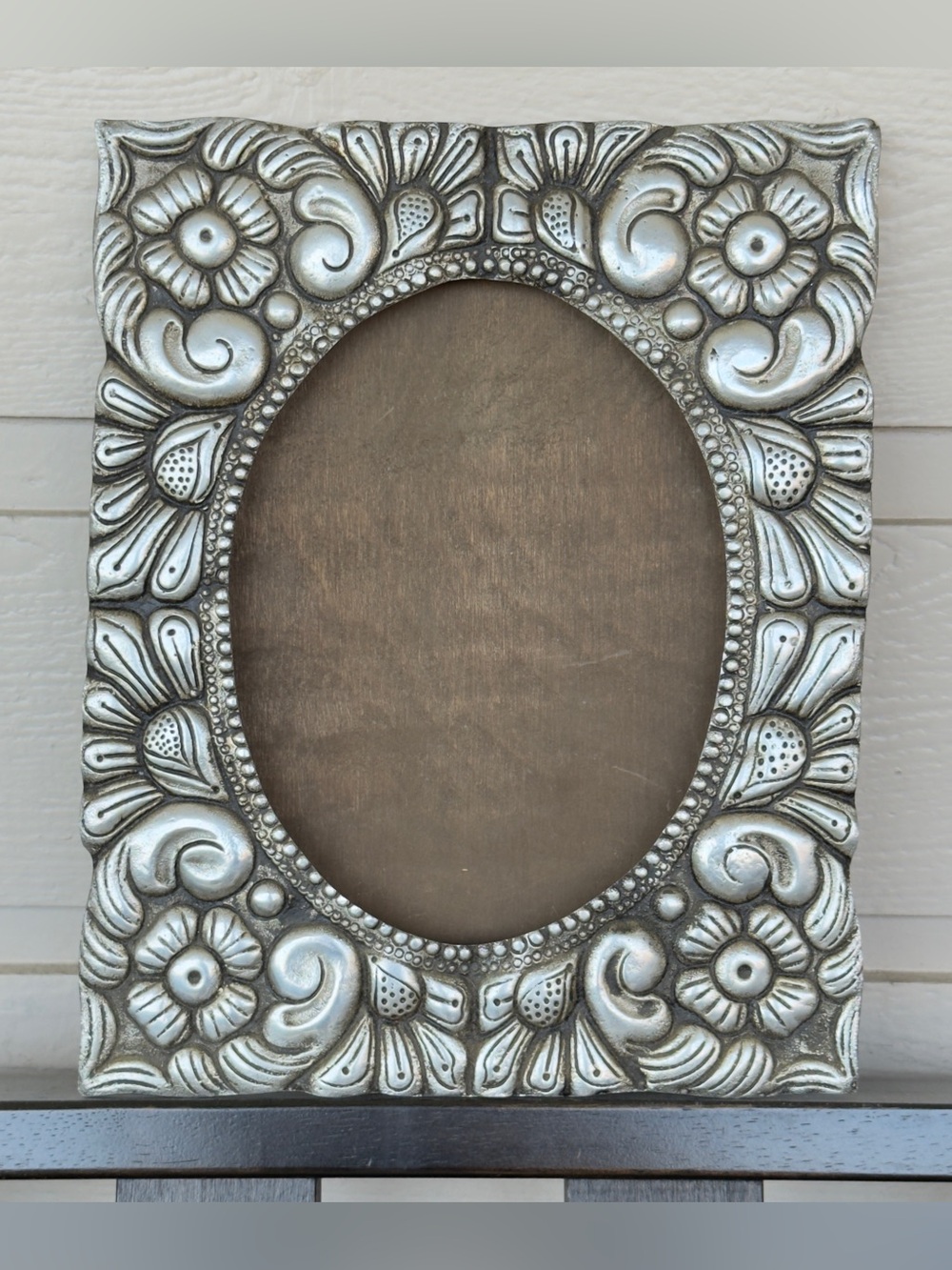 Vintage Pewter? Metal Picture Frame w Ornate Floral & Scroll Repoussé Motif